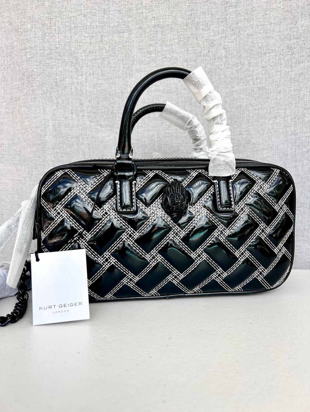 KURT GEIGER Kensington Patent Quilted Duffel crossbody  small black NWT